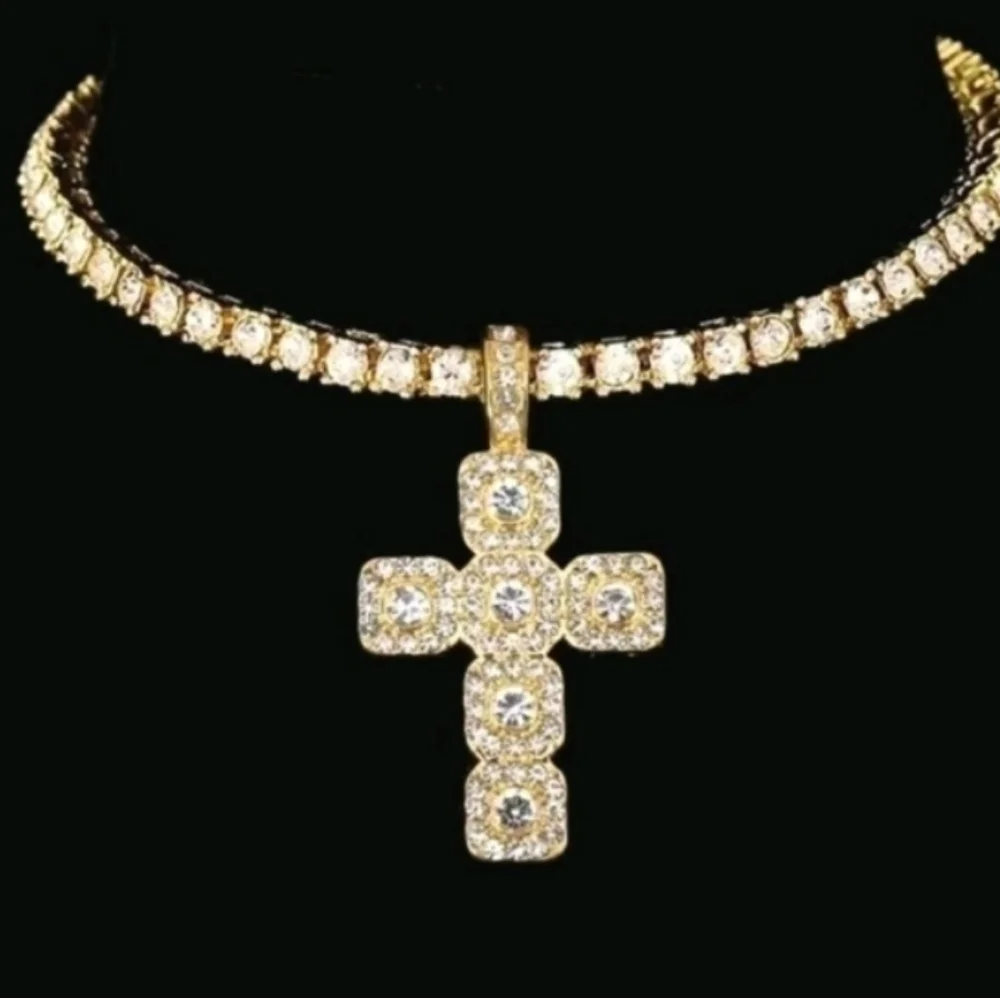 14k Yellow Gold Plated Lab Created Diamond Cross Pendant Tennis Necklace